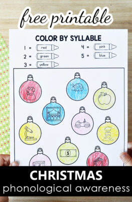 Free Printable Christmas Phonological Awareness Literacy Center Worksheets for PreK and K-Color by Syllable