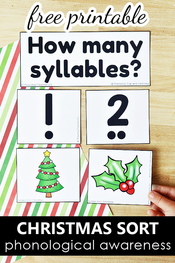 Free Printable Christmas Phonological Awareness Literacy Center Worksheets for PreK and K-Syllable Activities