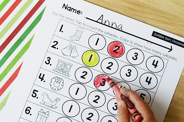 Recording Sheet for Phonological Awareness Syllables Christmas Activity