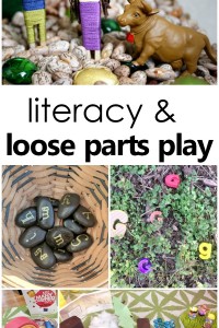 Literacy and Loose Parts Play-How to promote early learning, story retelling, letter recognition, name recognition and more through loose parts play #loosepartsplay #preschool #kindergarten #literacy