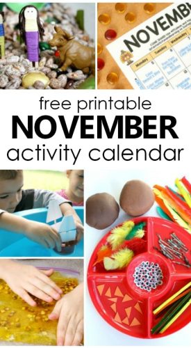 Free Printable November Activity Calendar with Fun Things to Do with Kids. Playful learning activities for preschoolers #preschool #kidsactivities #thanksgiving #freeprintable